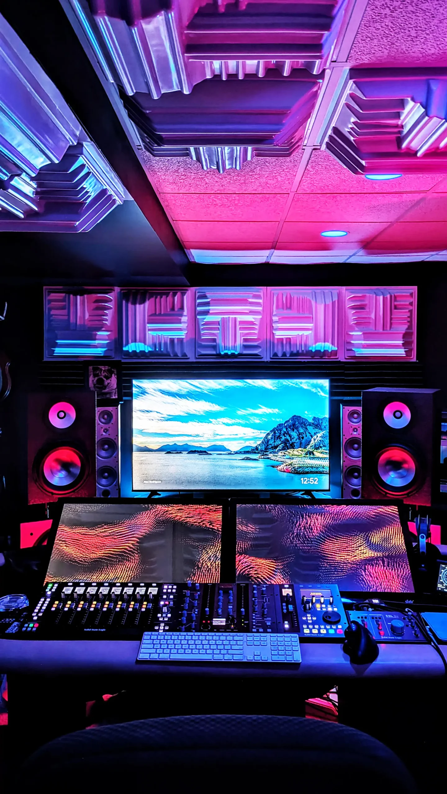 The Social Club control room with monitors, console, and analog equipment