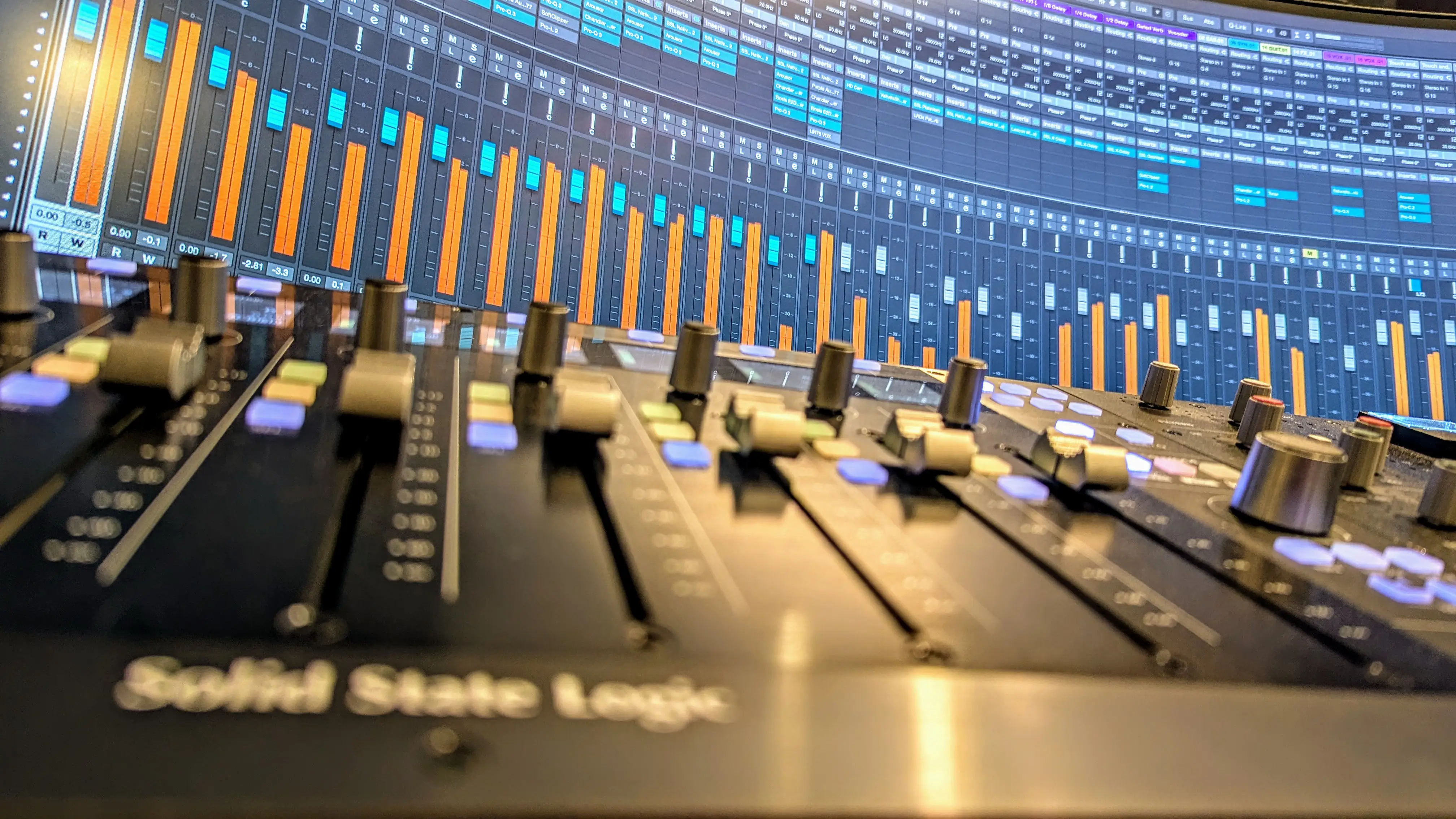 Nuendo mix window and SSL control surface at The Social Club